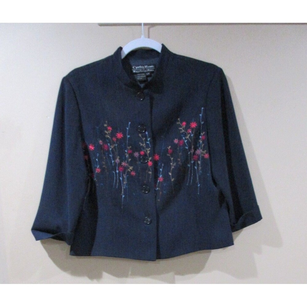 Cythnia Howie Maggy Boutique Petite Button Down Blouse Women 12P Blue Embroidery